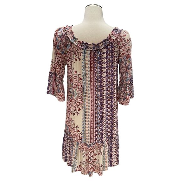 Boho Chic I.N.N.Y. Patchwork Print Dress Ruffled Neckline 3/4 Sleeves S Cottage - Picture 6 of 11